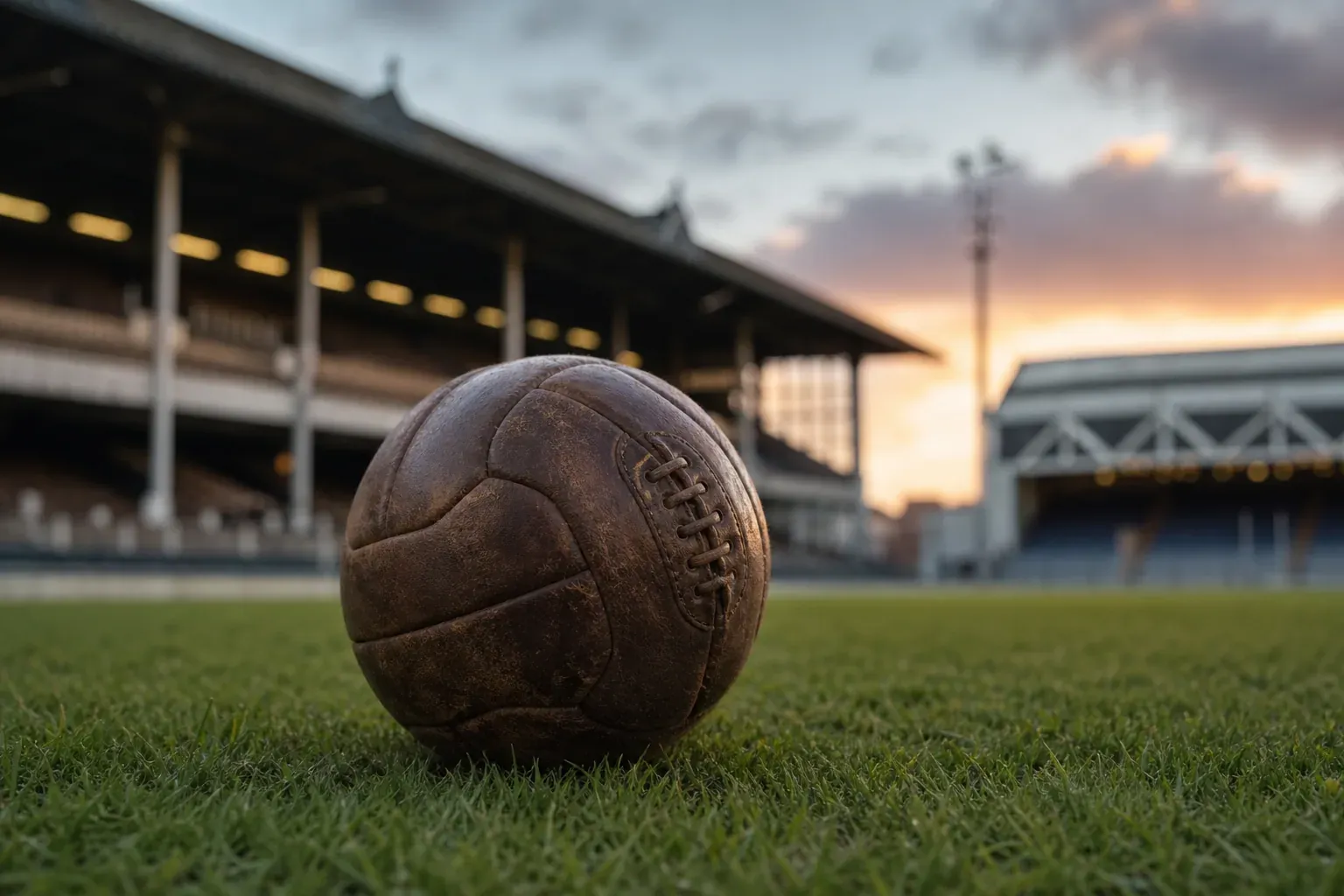 Un ballon de football vintage posé sur une pelouse, avec un vieux stade et une enceinte moderne en arrière-plan flou.