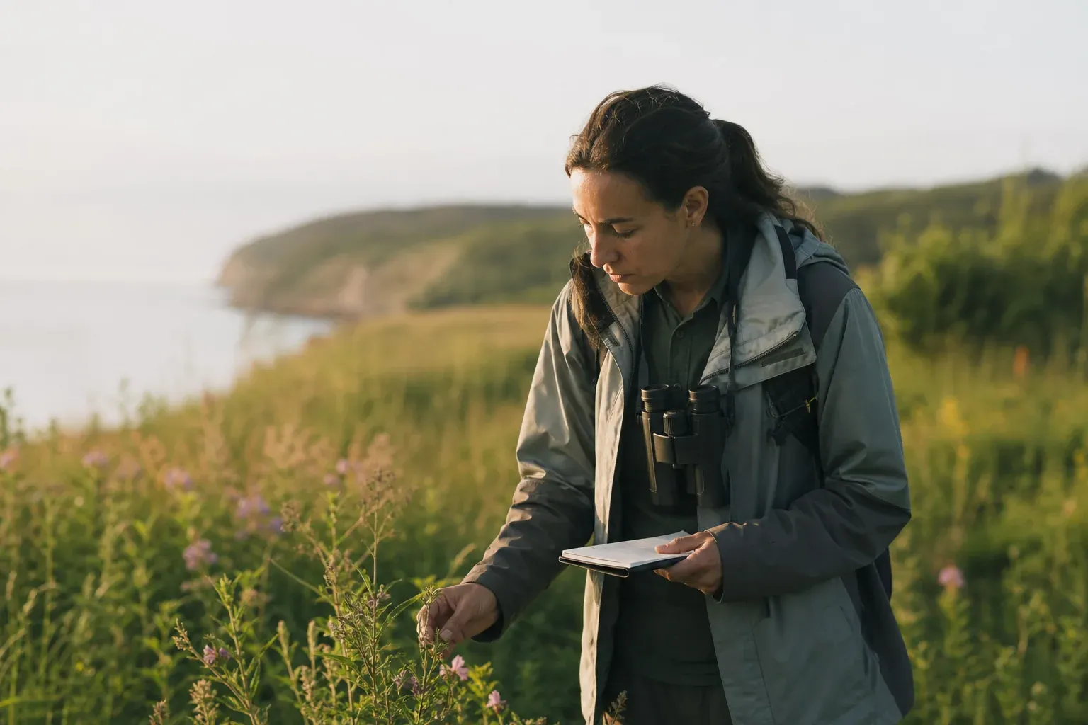 Une professionnelle en tenue de terrain observe la végétation dans une réserve naturelle, carnet à la main, au lever du jour.