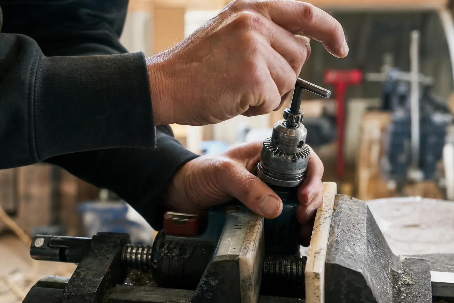 Gros plan d’un bricoleur retirant le mandrin d’une perceuse dans un atelier, avec étau et clé de mandrin visibles.