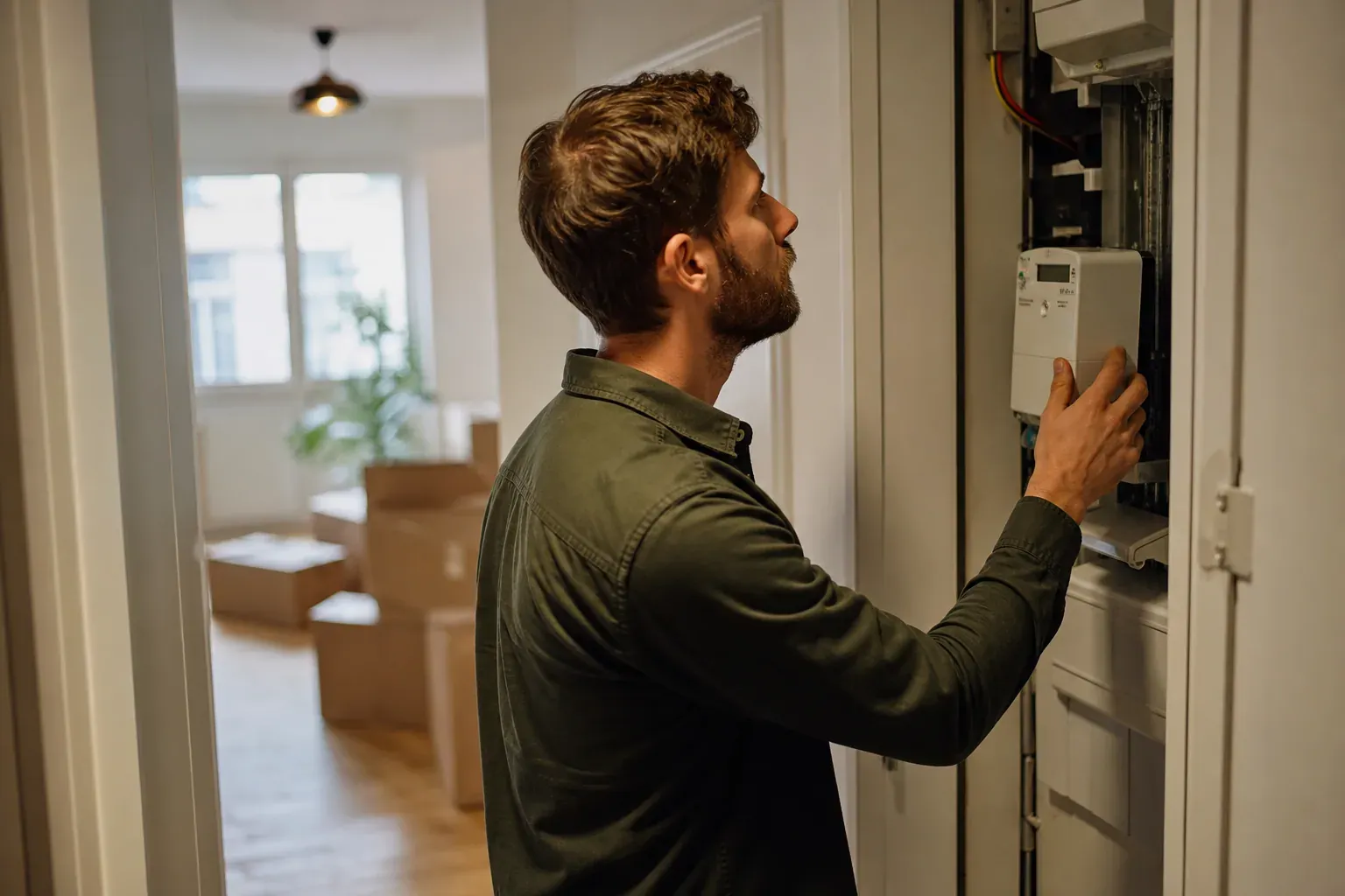 Personne relevant le compteur électrique dans un logement en cours de déménagement, cartons visibles en arrière-plan, lumière naturelle.