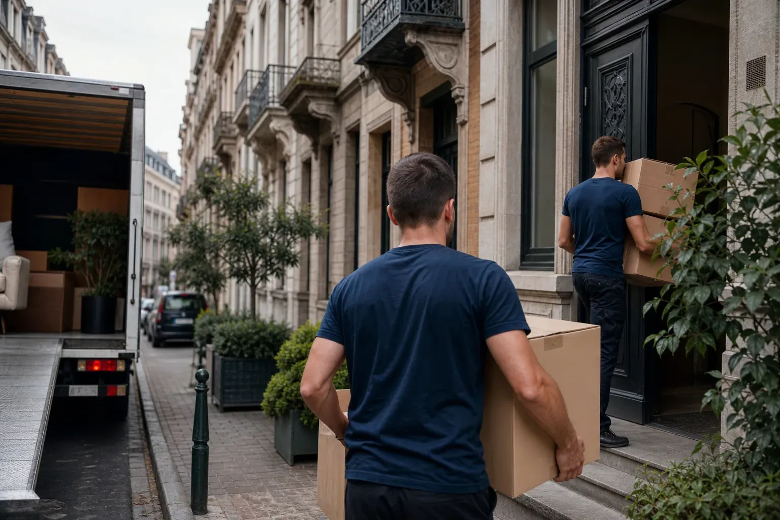 Équipe de déménageurs transportant des cartons devant un immeuble bruxellois, avec un camion de déménagement dans une rue urbaine.