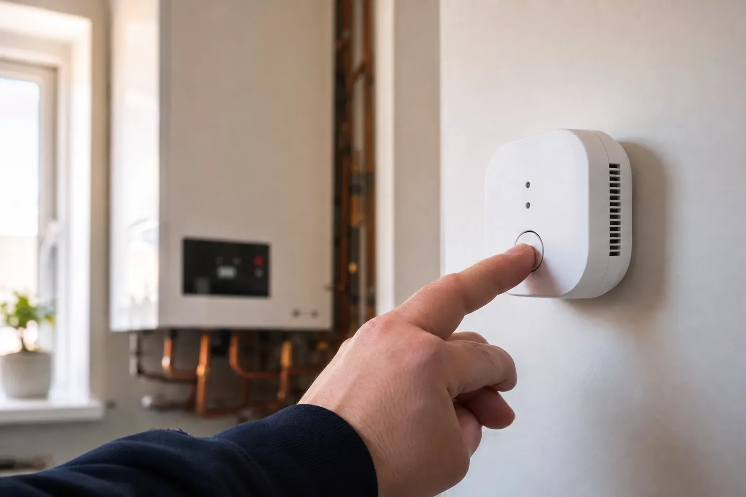 Main appuyant sur le bouton de test d'un détecteur de monoxyde de carbone blanc fixé au mur, près d'une chaudière murale.
