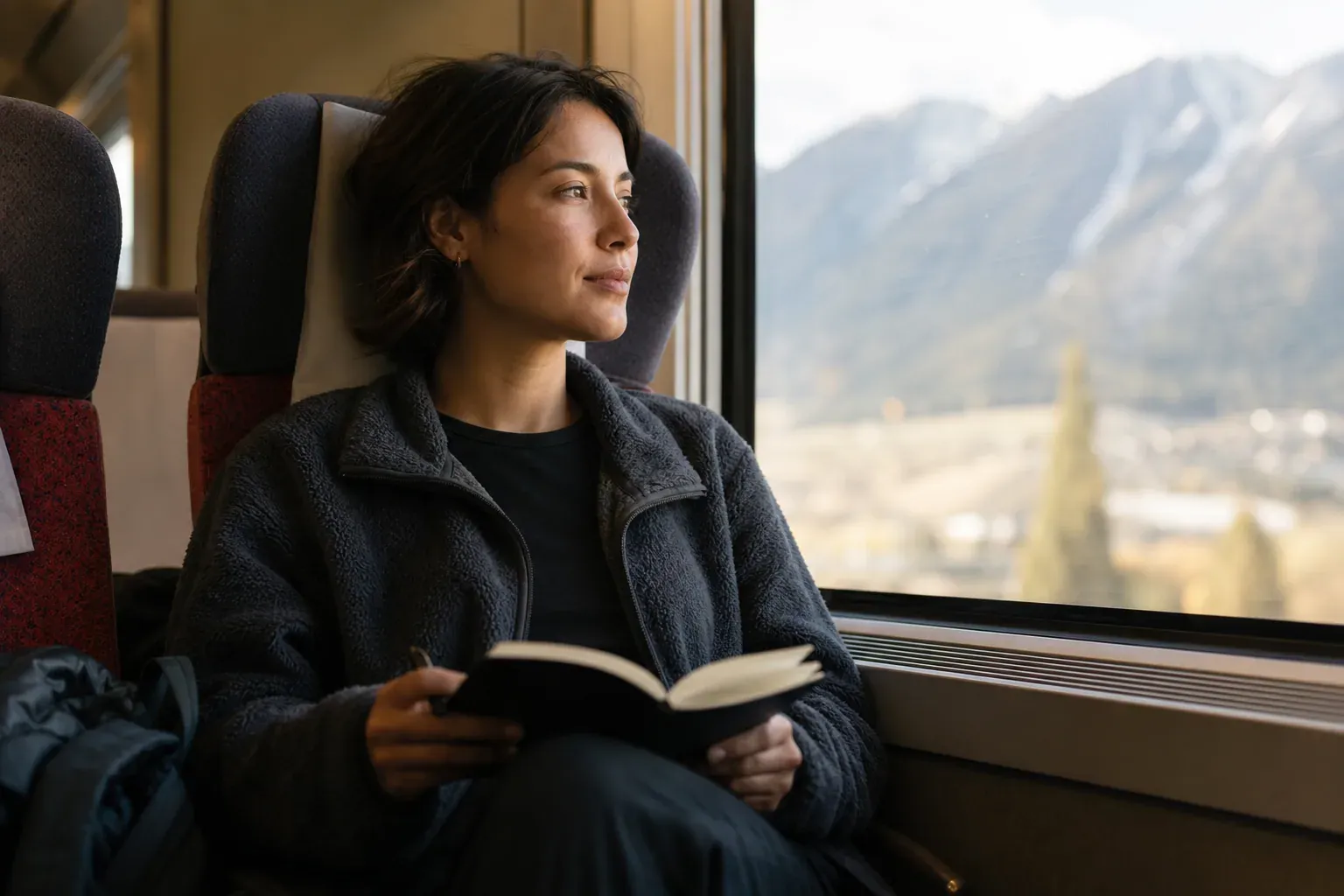 Voyageur solo assis près d’une fenêtre de train au lever du soleil, carnet ouvert sur les genoux, paysage de montagne au dehors.