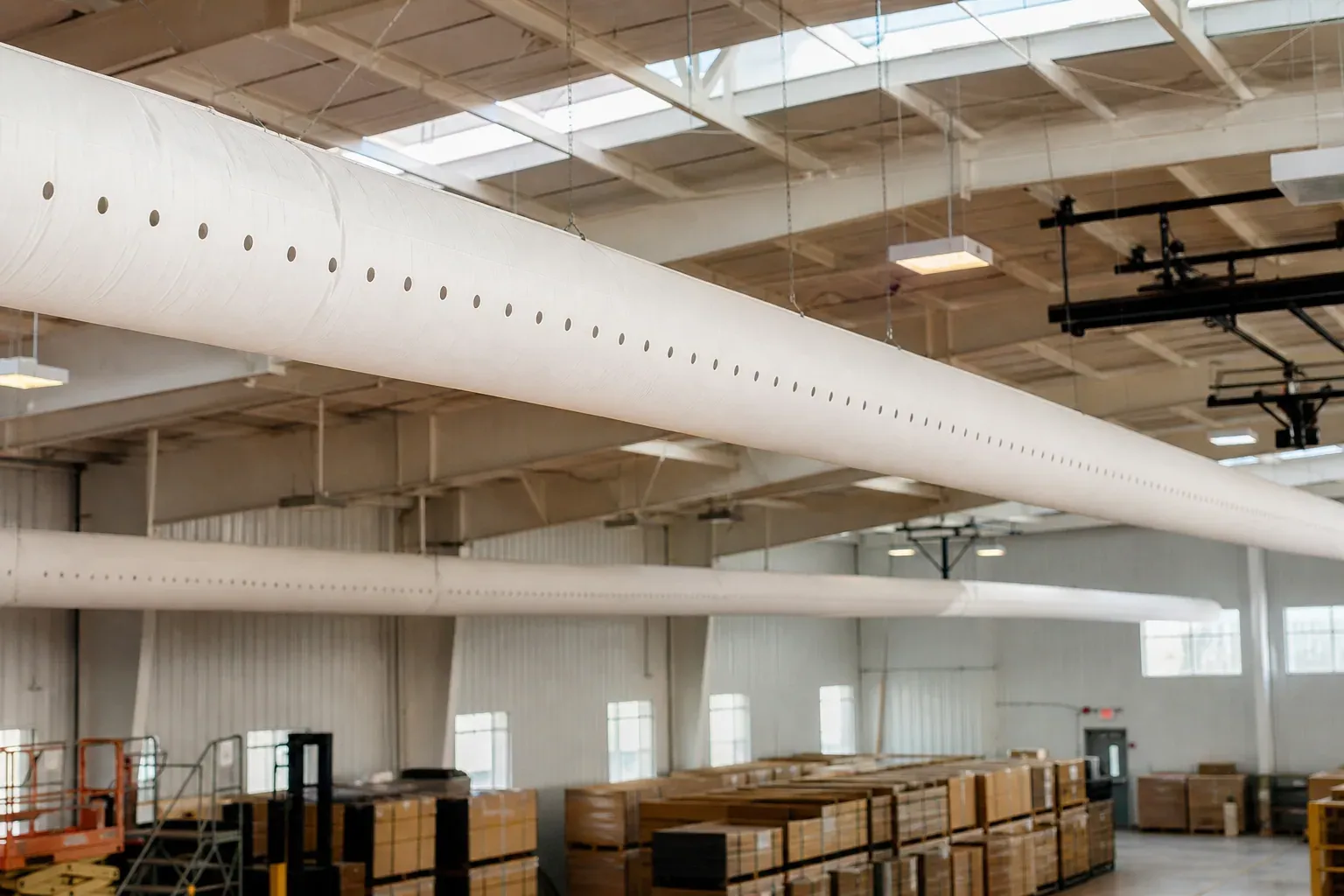 Grand espace industriel chauffé par des gaines textiles blanches suspendues au plafond, diffusant un air chaud homogène.
