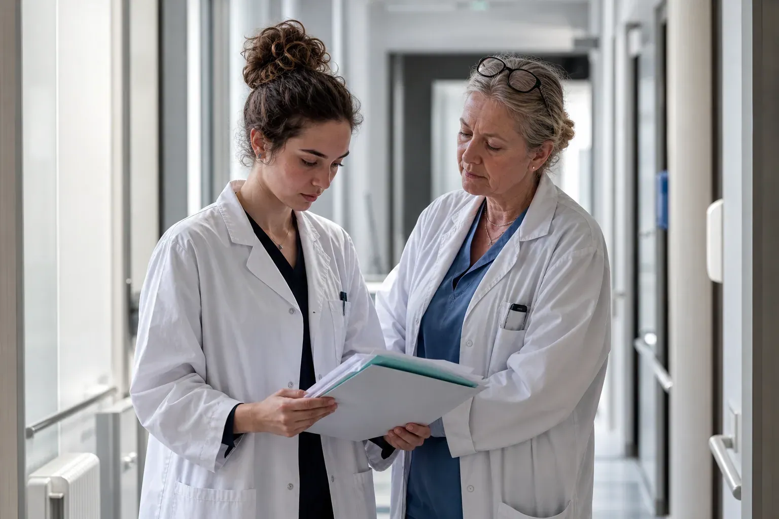 Une étudiante en médecine et un gynécologue examinent un dossier dans un hôpital moderne, en ambiance réaliste et professionnelle.