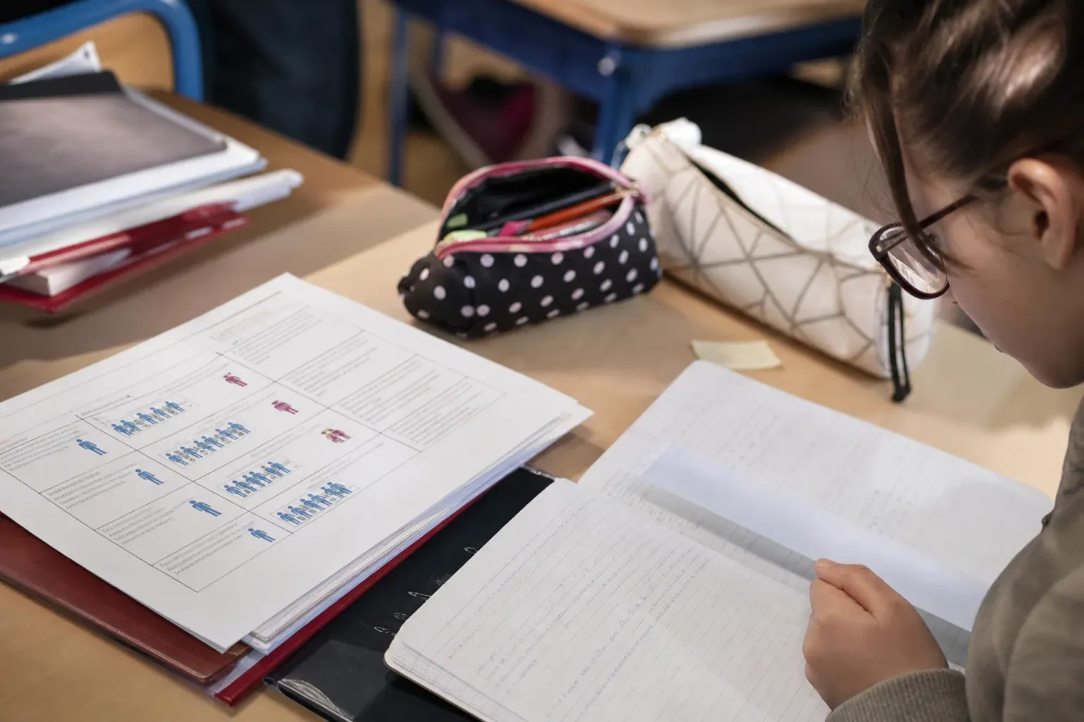 Photo réaliste d’une salle de classe avec une feuille montrant des formes d’écriture inclusive, un élève utilisant un aide-lecture et un enseignant à côté.