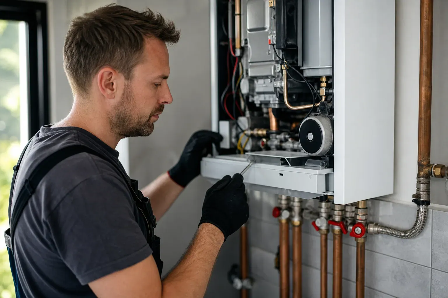 Technicien de chauffage réalisant l'entretien annuel d'une chaudière murale dans une chaufferie domestique, lumière naturelle.