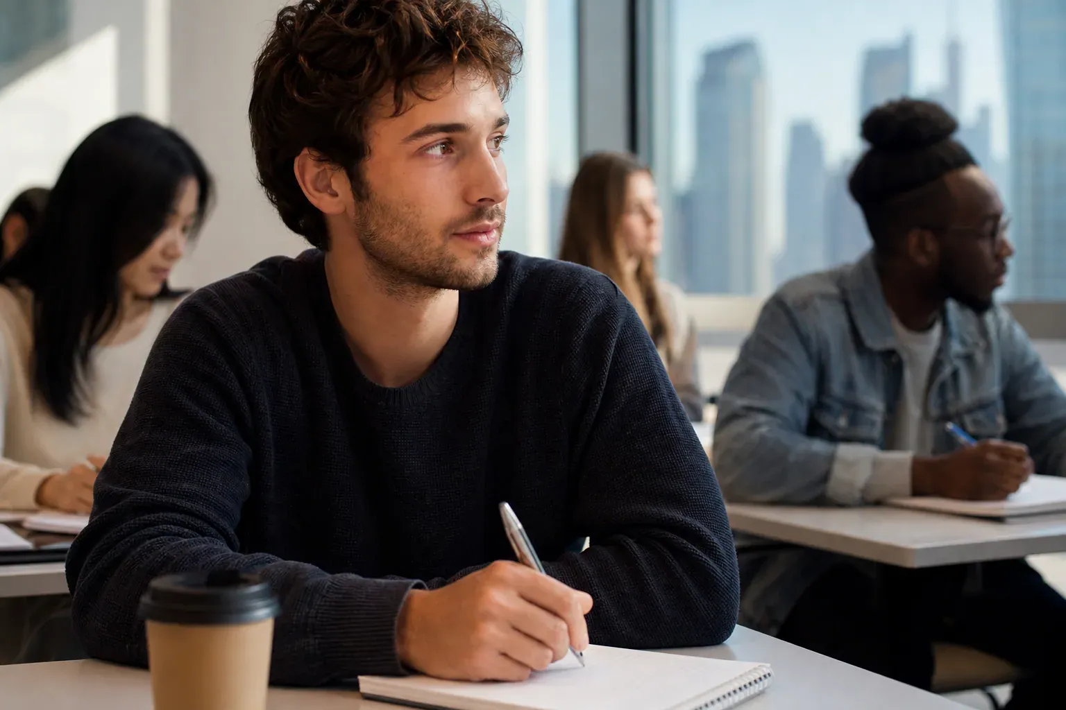 Adulte en cours d’anglais dans une école de langue américaine, carnet ouvert sur une table, ambiance urbaine et réaliste.