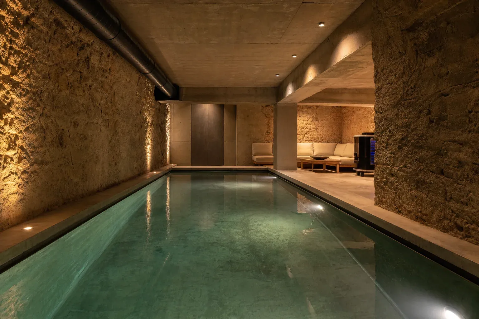 Piscine intérieure moderne aménagée dans une cave rénovée, avec éclairage soigné et équipements de ventilation visibles.