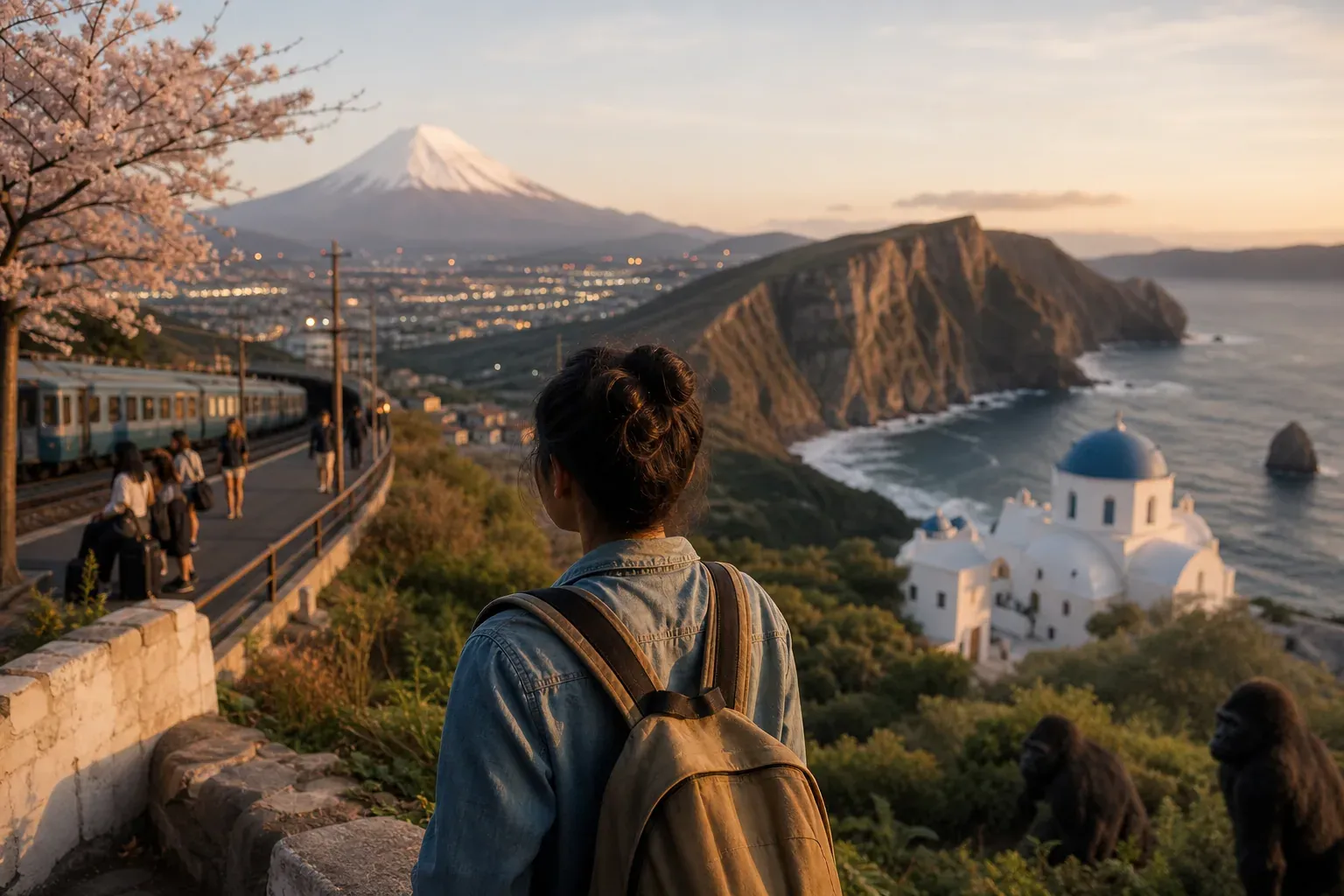 Un voyageur face à un paysage spectaculaire évoquant plusieurs grandes destinations de voyage, en lumière naturelle.