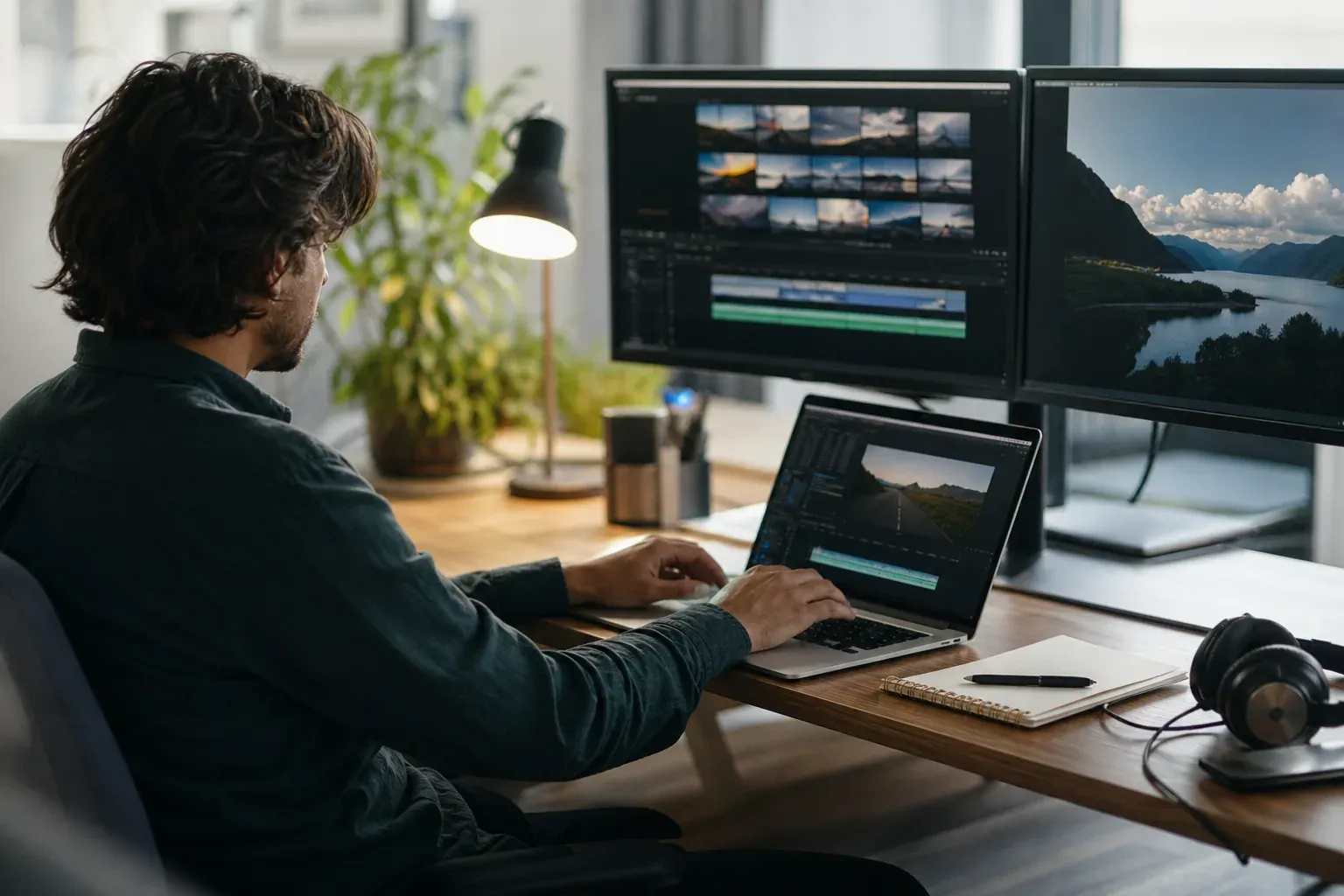 Personne en train de monter une vidéo sur un ordinateur portable, avec une timeline de montage visible à l’écran, casque et carnet sur le bureau.
