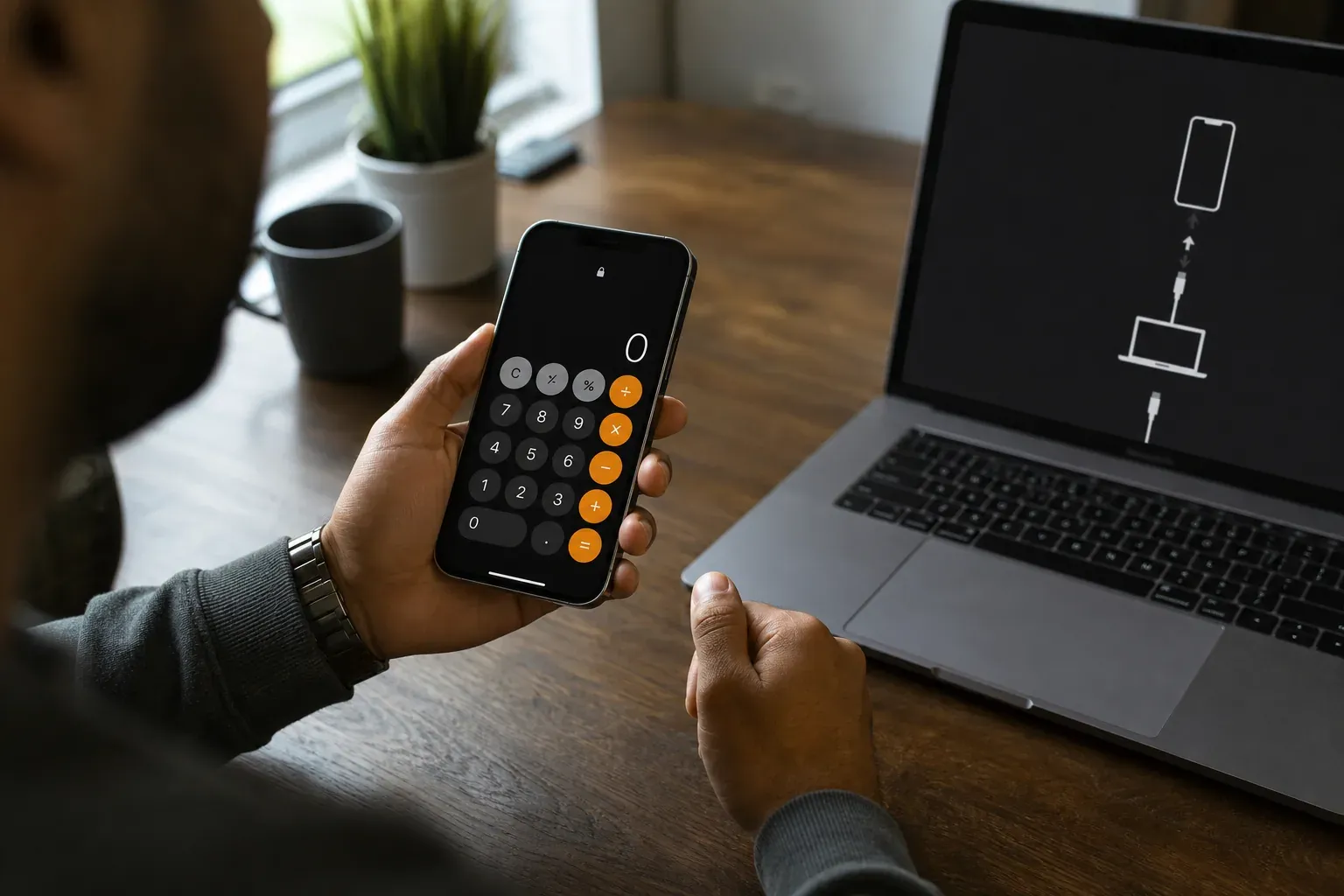 Une personne tient un iPhone verrouillé près d’un ordinateur portable, avec la calculatrice visible à l’écran dans une scène de bureau réaliste.
