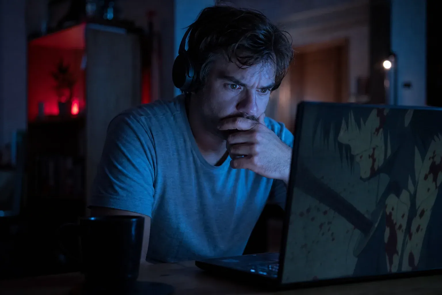 Adulte regardant un anime sombre sur un ordinateur portable dans une pièce tamisée, avec une ambiance cinématographique et tendue.