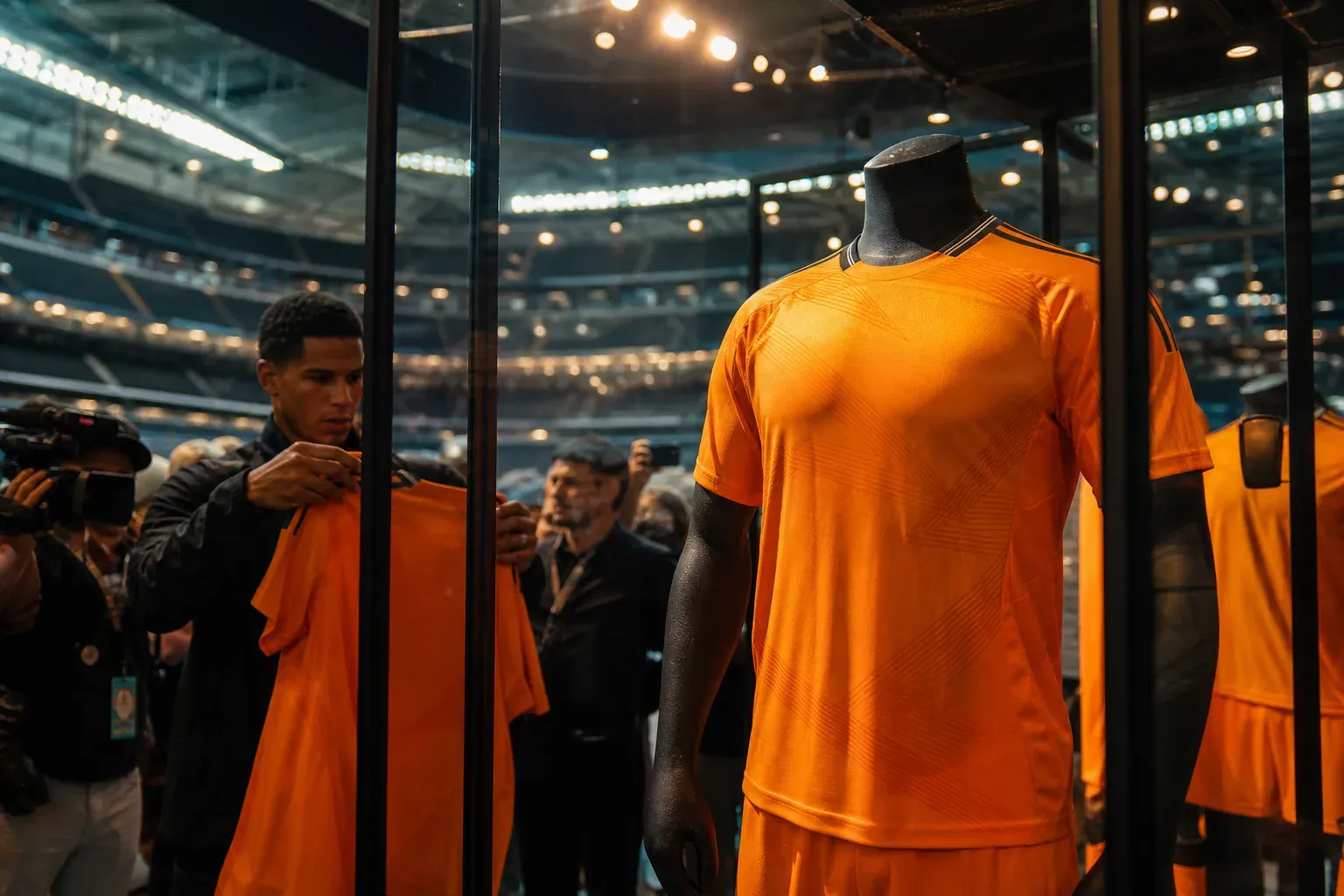 Photo réaliste d’un événement de lancement au Santiago-Bernabéu avec le maillot extérieur orange du Real Madrid présenté devant des supporters et des photographes.