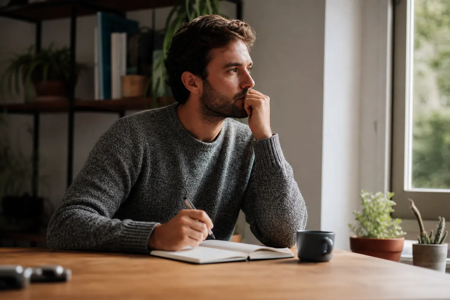 Une personne assise à une table près d’une fenêtre, carnet ouvert et stylo en main, dans un moment de réflexion calme et lumineux.