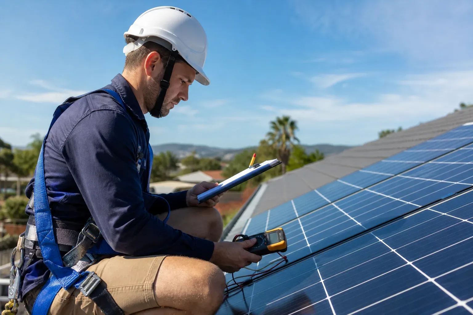 Un installateur contrôlant des panneaux photovoltaïques sur le toit d’une maison, avec équipement de sécurité et outils de mesure.