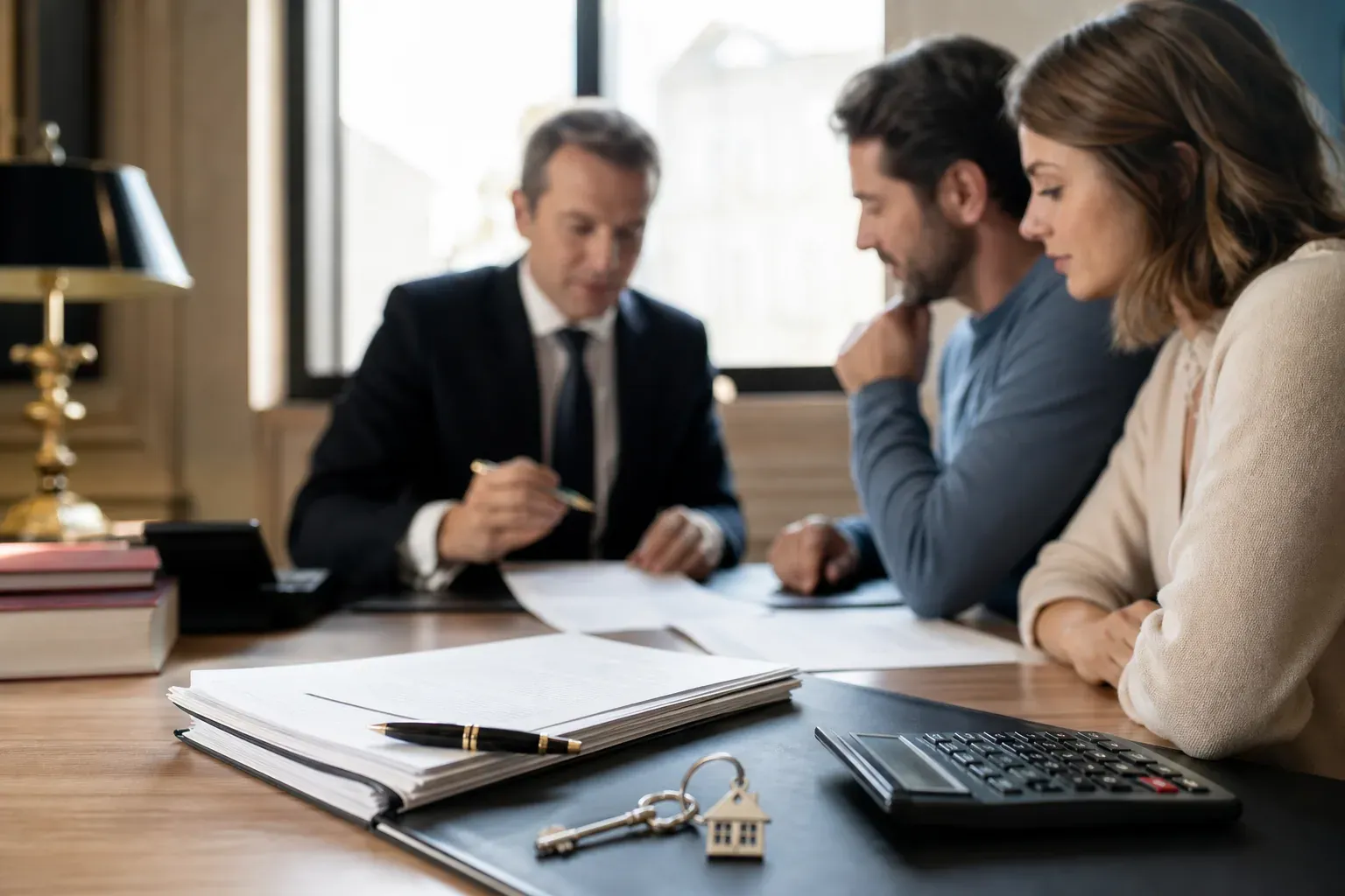Un couple consulte des documents immobiliers avec un notaire, sur un bureau avec calculatrice, clés de maison et acte de vente.