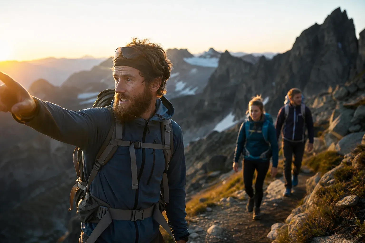 Un guide de montagne accompagne deux randonneurs sur un sentier alpin étroit, avec des sommets rocheux et une lumière de lever du soleil.