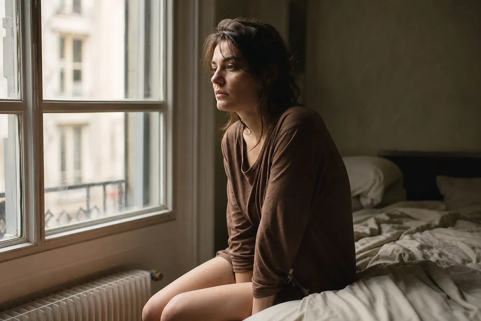 Une femme assise au bord de son lit, près d’une fenêtre, dans une lumière douce du matin, l’air préoccupé et fatigué.