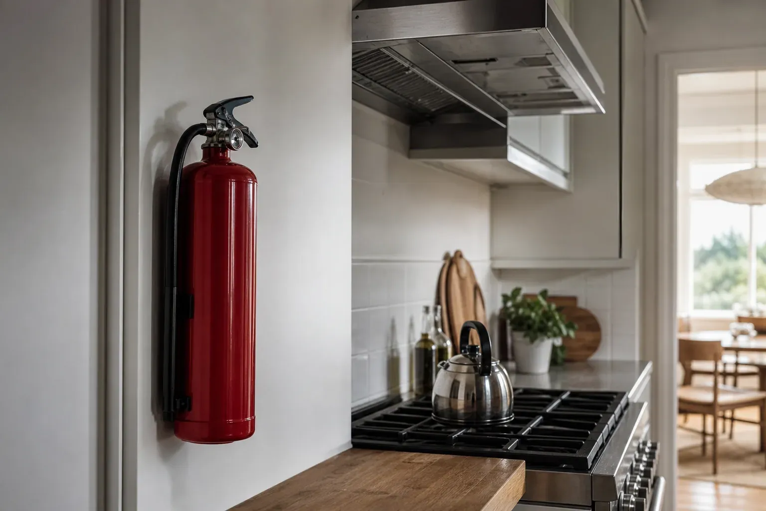 Extincteur rouge fixé au mur d'une cuisine domestique moderne, à proximité de la plaque de cuisson, lumière naturelle.