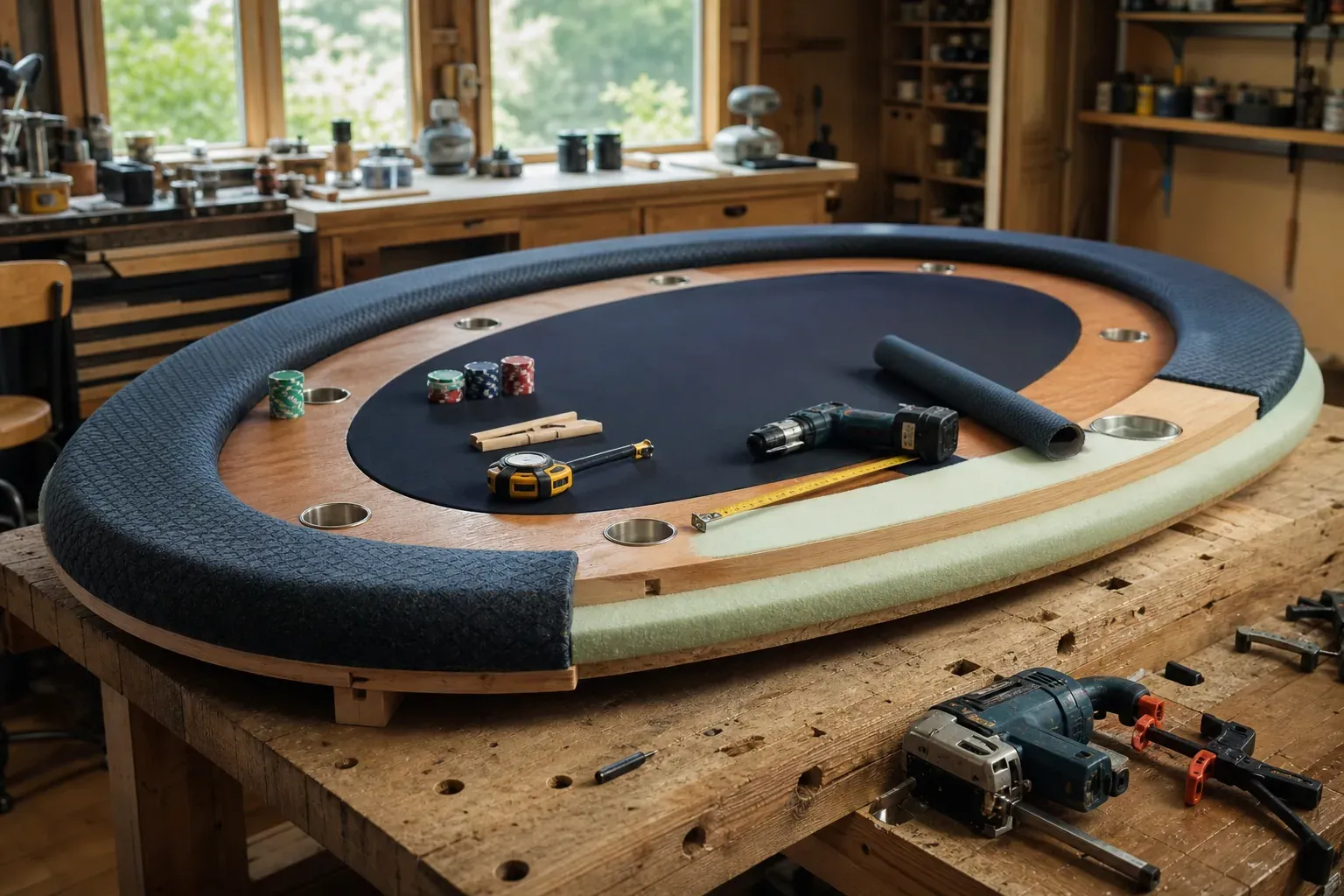 Une table de poker artisanale en cours de fabrication dans un atelier, avec bois découpé, tissu de jeu, outils et jetons.