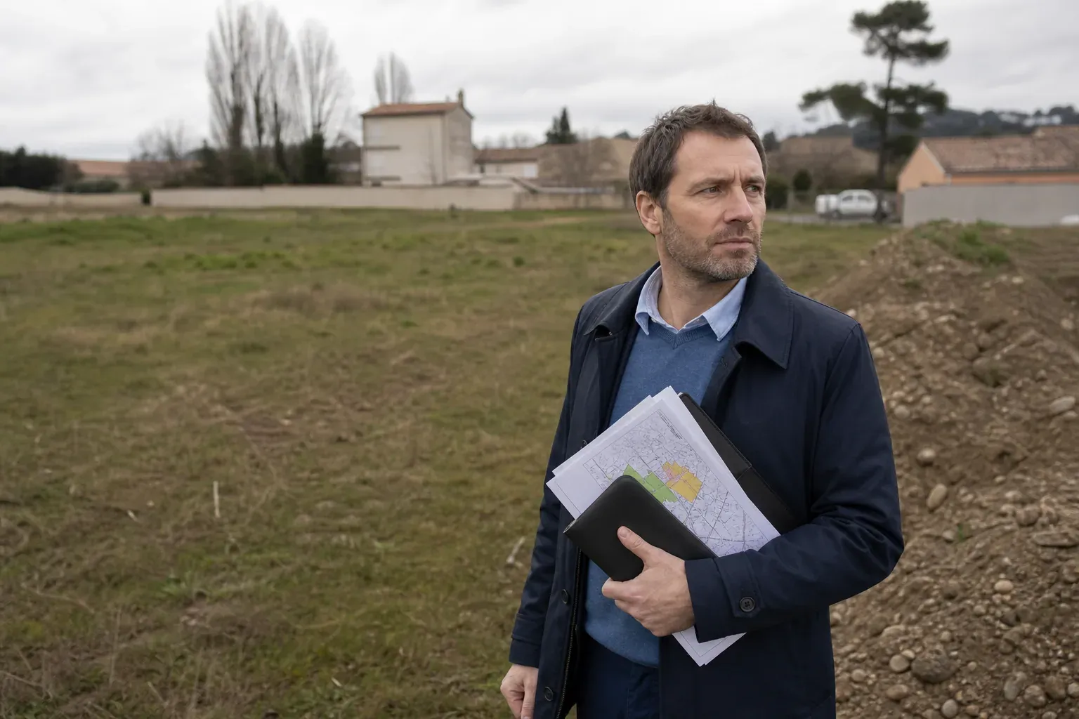 Un investisseur examine un terrain nu en périphérie d’une petite ville, avec des documents et un plan d’urbanisme en main.