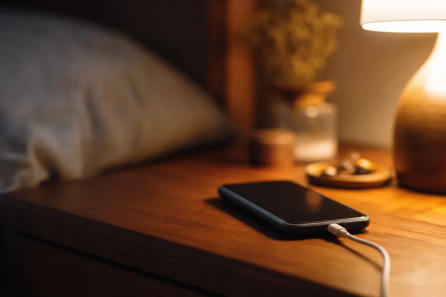 Un smartphone posé sur une table de chevet, câble de charge branché, dans une chambre faiblement éclairée en soirée.