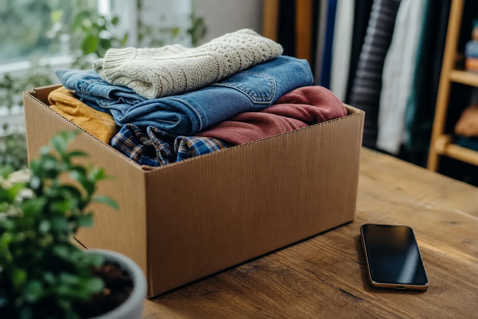 Un carton rempli de vêtements pliés et prêts à être vendus, avec un smartphone affichant une application de vente entre particuliers posé à côté.