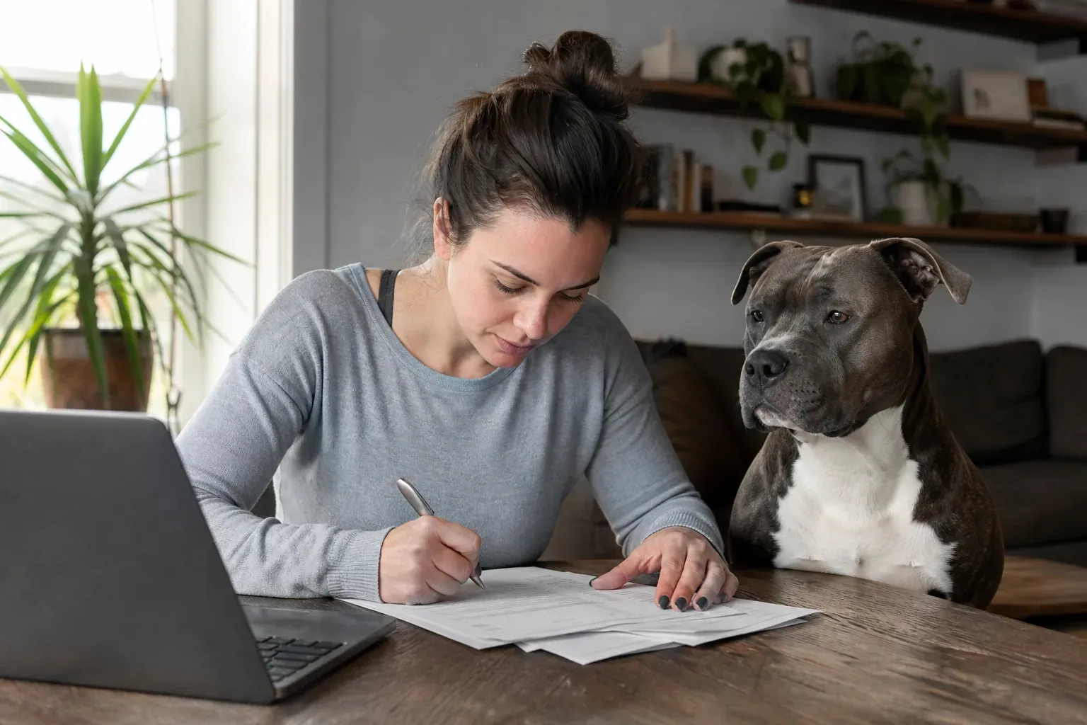 Un propriétaire signe des documents d'assurance à une table, avec un chien de catégorie assis calmement à côté de lui dans un salon.