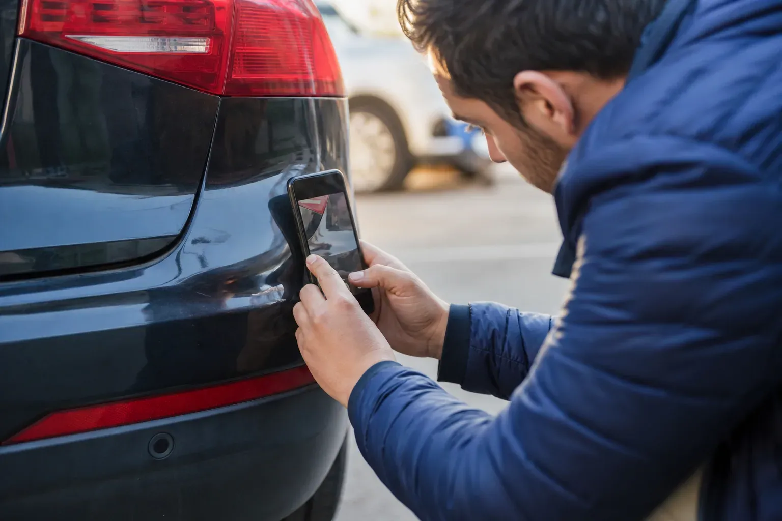 Conducteur photographiant avec son téléphone un léger enfoncement sur le pare-chocs arrière de sa voiture sur un parking, en vue de remplir un constat.