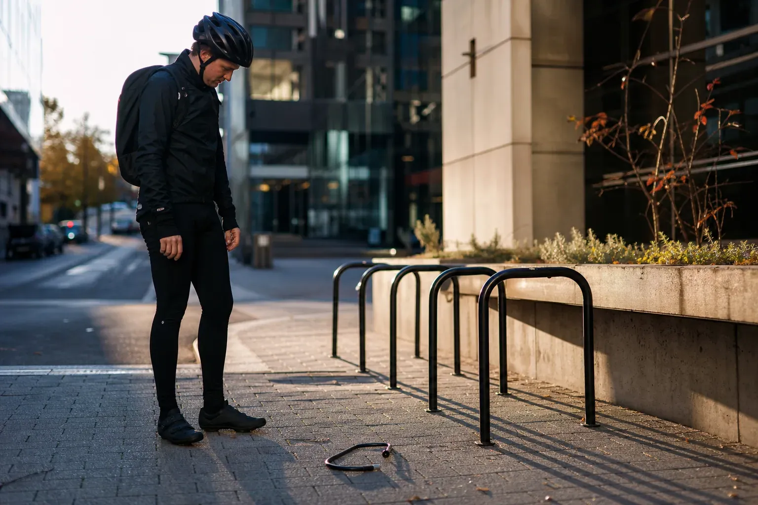 Un cycliste constate avec dépit l'emplacement vide où était attaché son vélo, cadenas coupé au sol, dans une rue de ville le matin.