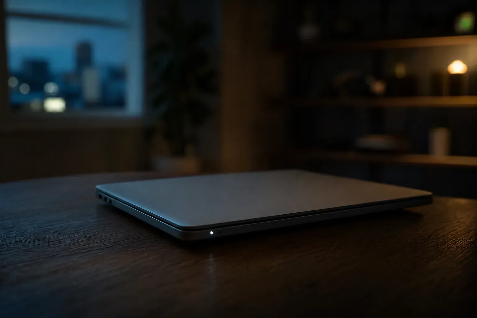 Ordinateur portable fermé posé sur un bureau dans une pièce sombre, une petite diode de veille blanche allumée sur la tranche.