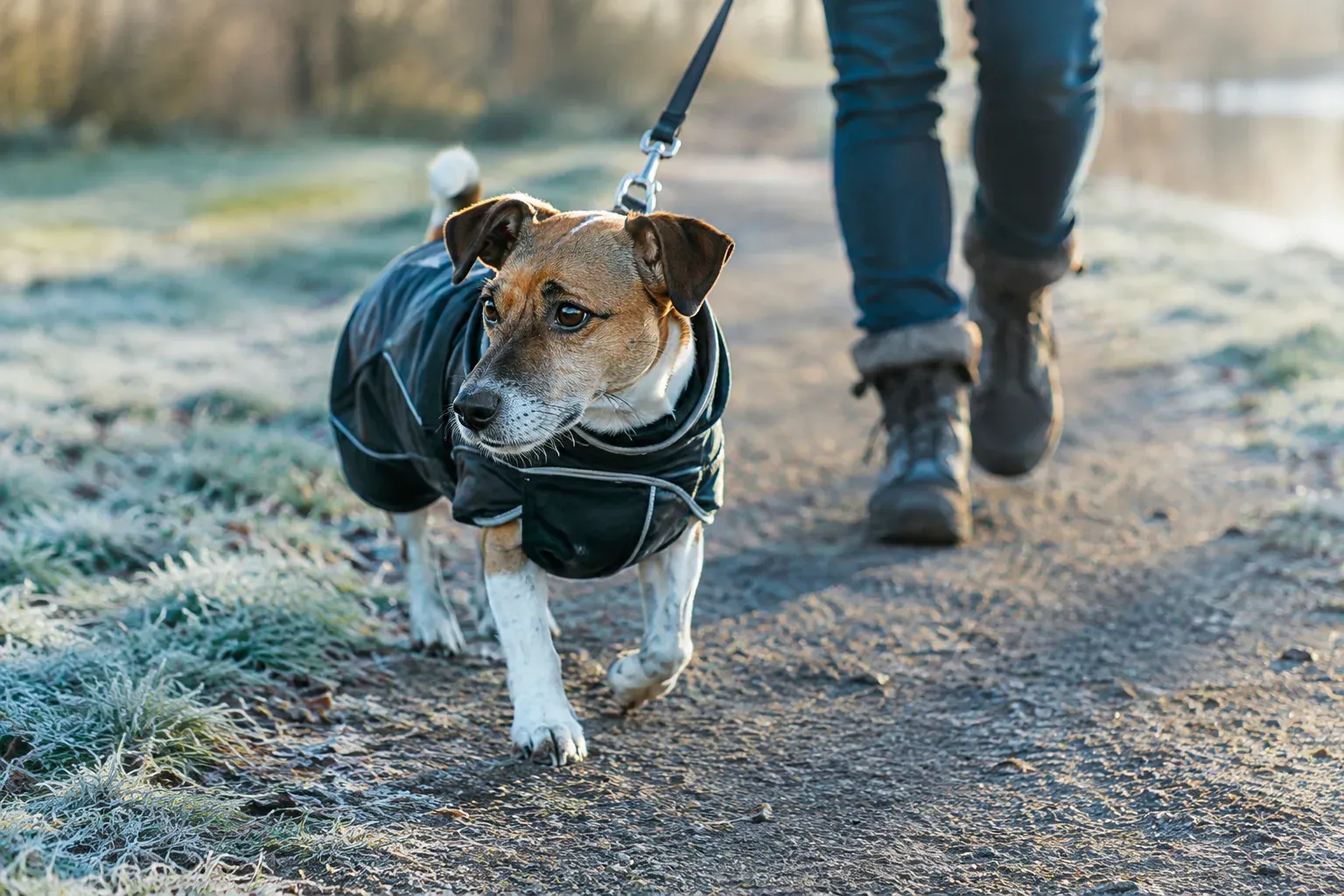 Petit chien à poil ras portant un manteau imperméable ajusté, promené en laisse sur un chemin de parc givré un matin d'hiver.