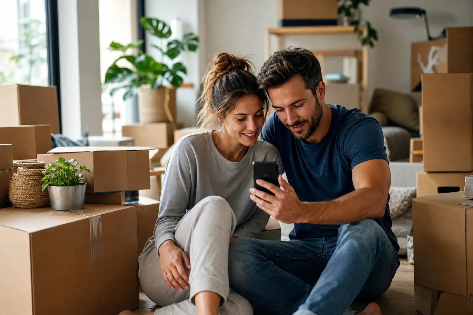 Un couple installé à la table de son nouveau salon en carton de déménagement, consultant ensemble une application bancaire sur un smartphone, lumière naturelle chaleureuse.