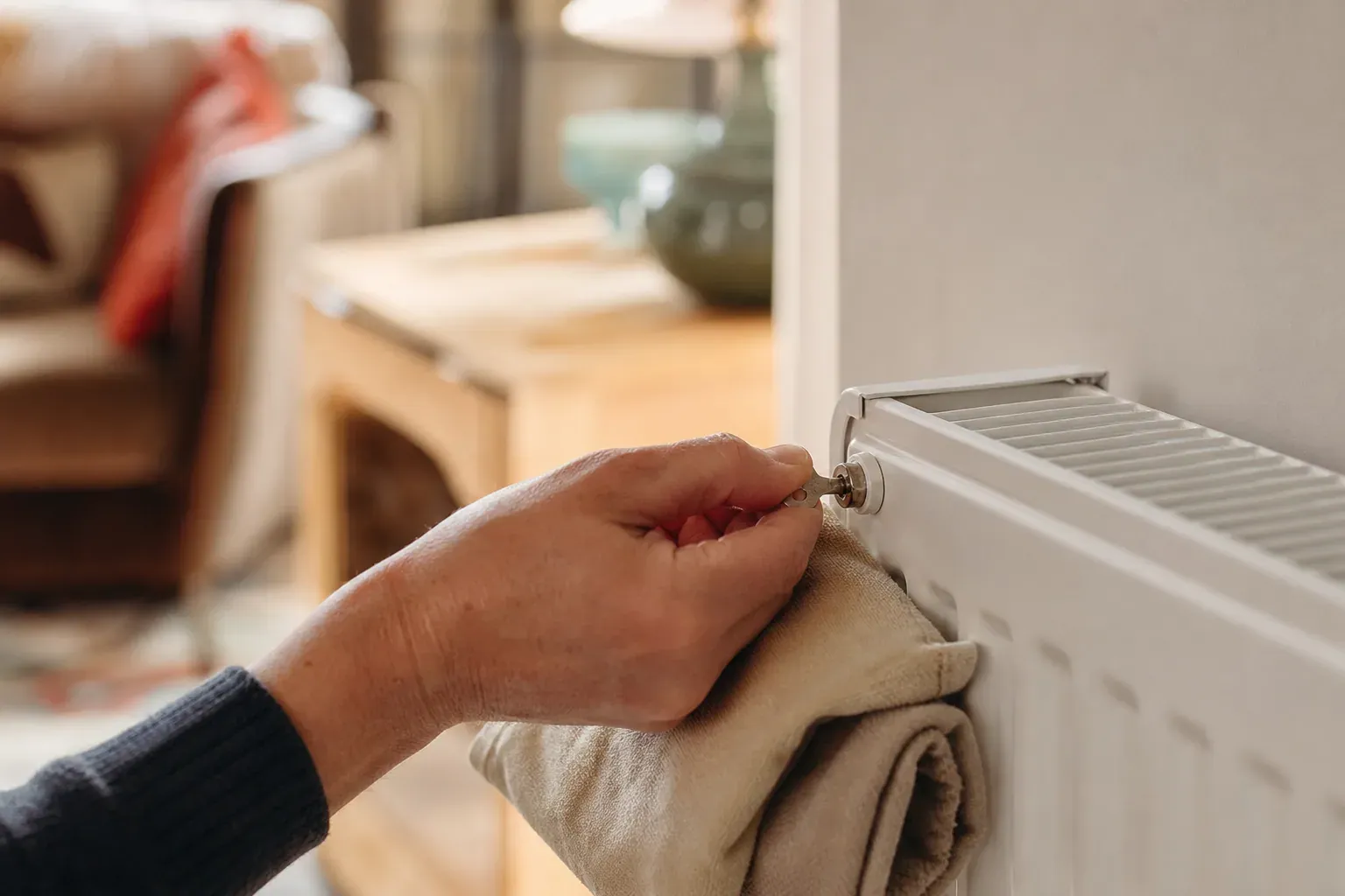 Main tenant une clé de purge sur la vis d'un radiateur blanc, avec un chiffon posé en dessous pour recueillir les gouttes d'eau.