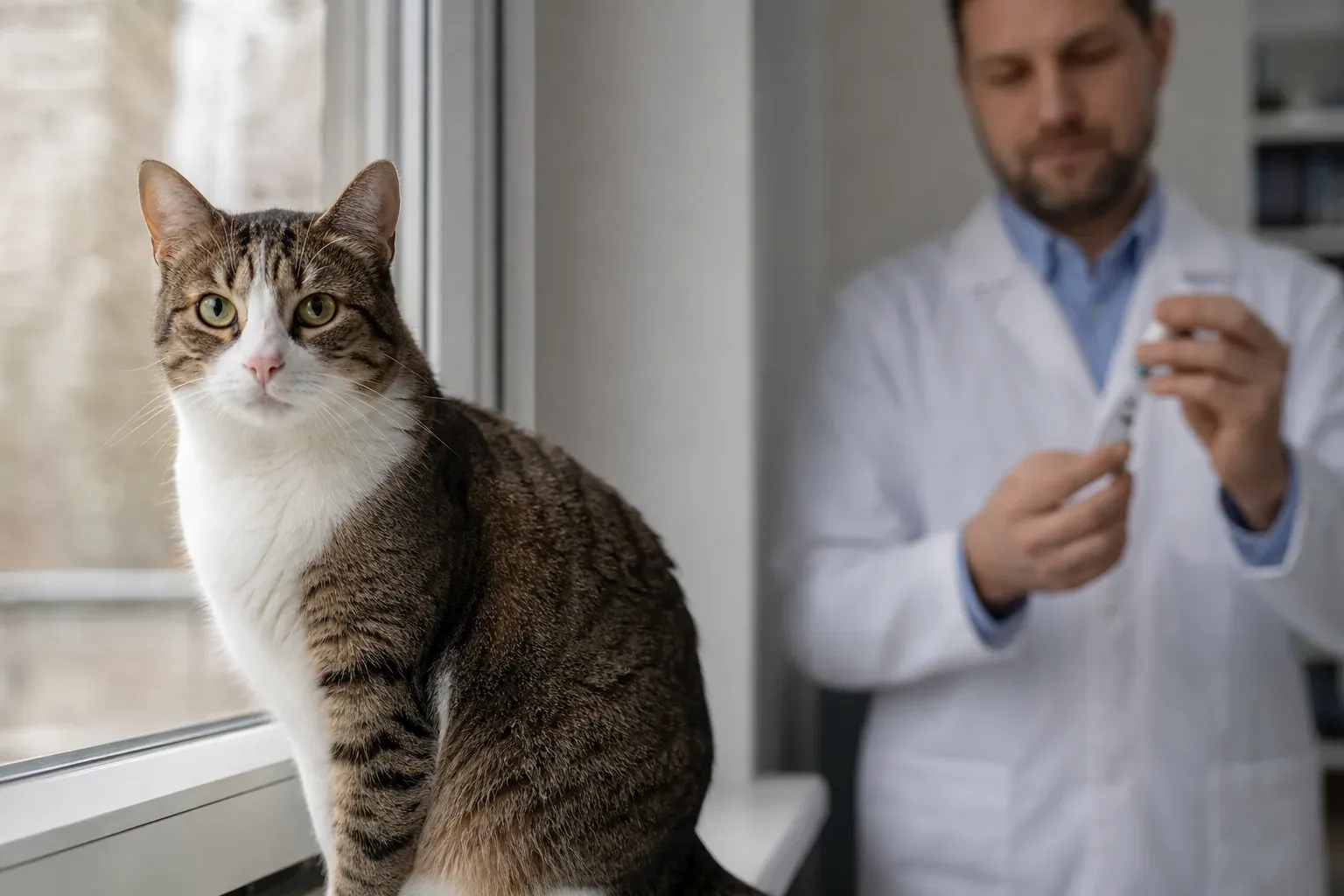 Chat domestique assis sur le rebord d'une fenêtre intérieure, vétérinaire en blouse tenant une seringue de vaccin en arrière-plan flou, lumière naturelle douce.