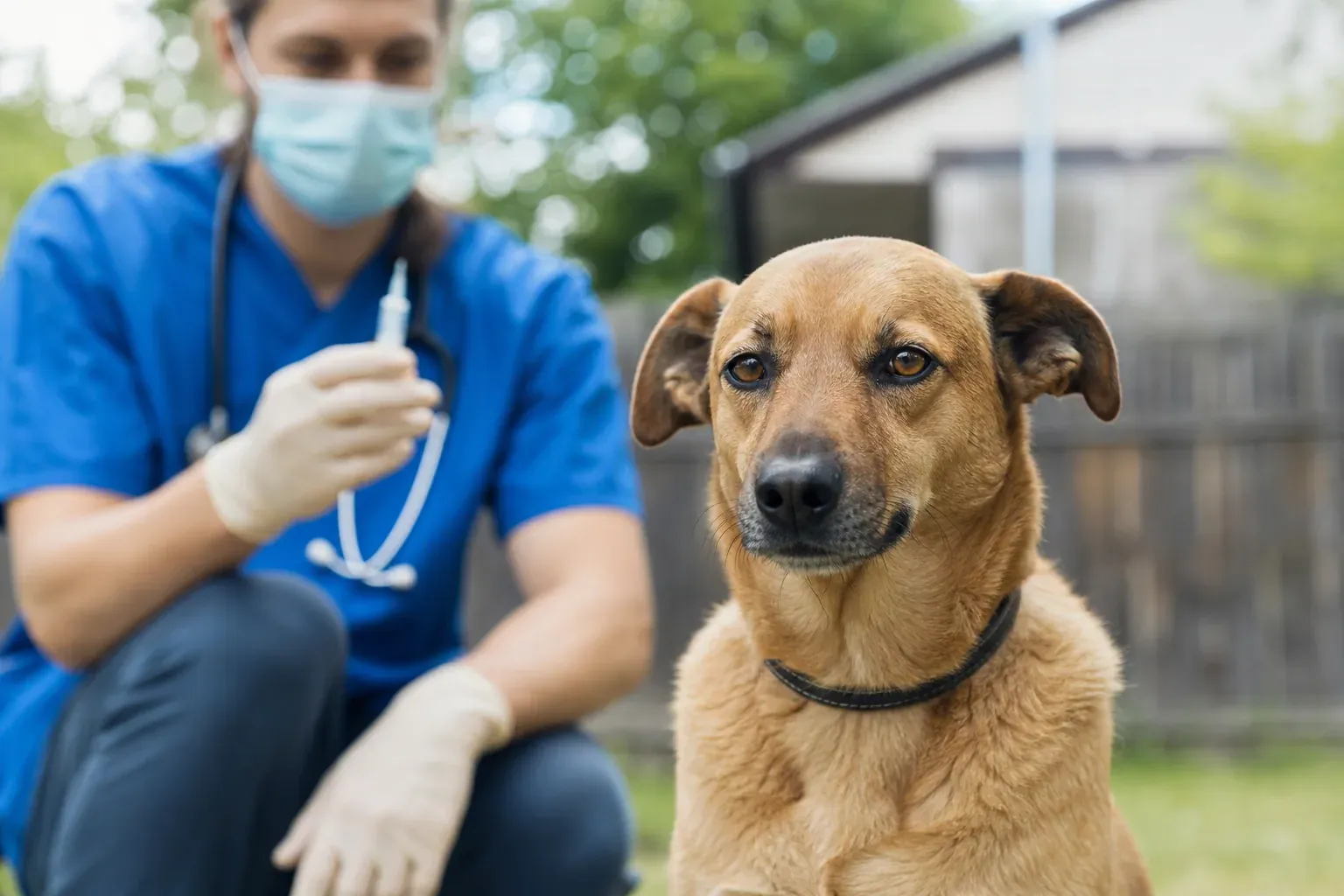 Chien assis dans un jardin clôturé, vétérinaire tenant une seringue de vaccin en arrière-plan flou, lumière naturelle.