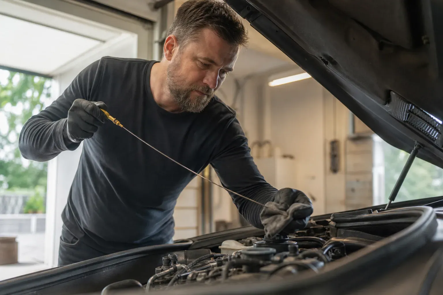 Mécanicien vérifiant le niveau d'huile moteur à l'aide d'une jauge sur un moteur de voiture, dans un garage éclairé naturellement.