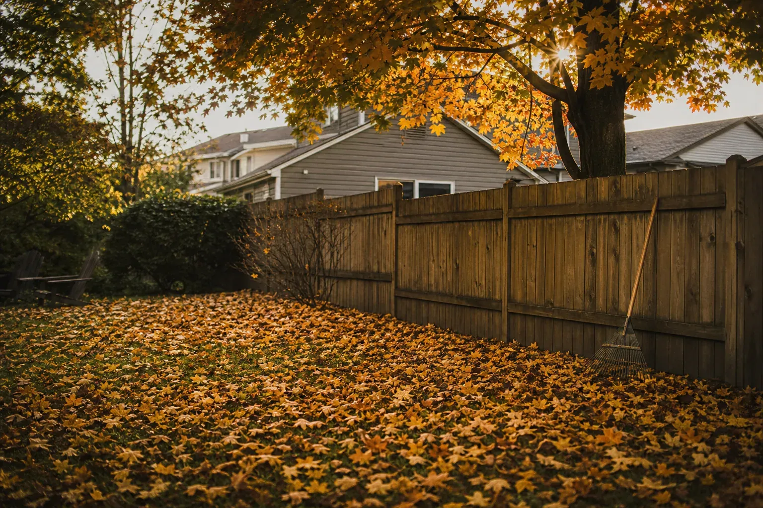 Pelouse couverte de feuilles mortes sous un grand arbre voisin qui dépasse une clôture en bois, un râteau appuyé contre la clôture.