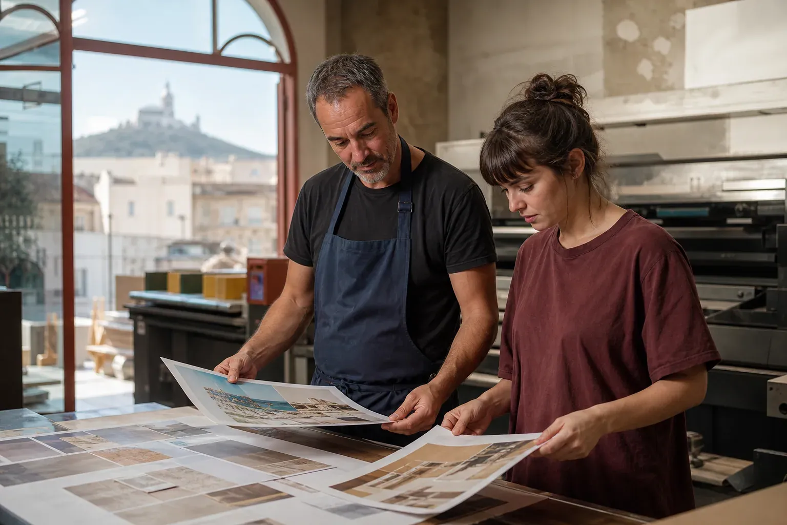 Une cliente et un imprimeur examinent des flyers recto verso fraîchement imprimés dans un atelier à Marseille.