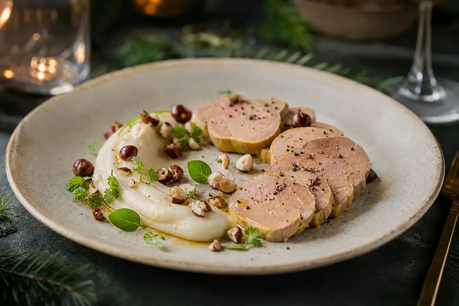 Assiette gastronomique avec foie gras et purée de céleri-rave onctueuse, dressée avec des herbes fraîches et des éclats croquants.
