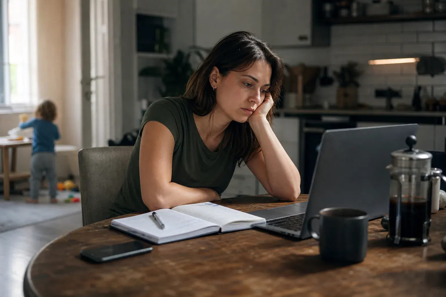 Une personne fatiguée assise à une table avec un ordinateur, un carnet et un agenda, dans un intérieur lumineux, évoquant une tension entre travail et vie personnelle.