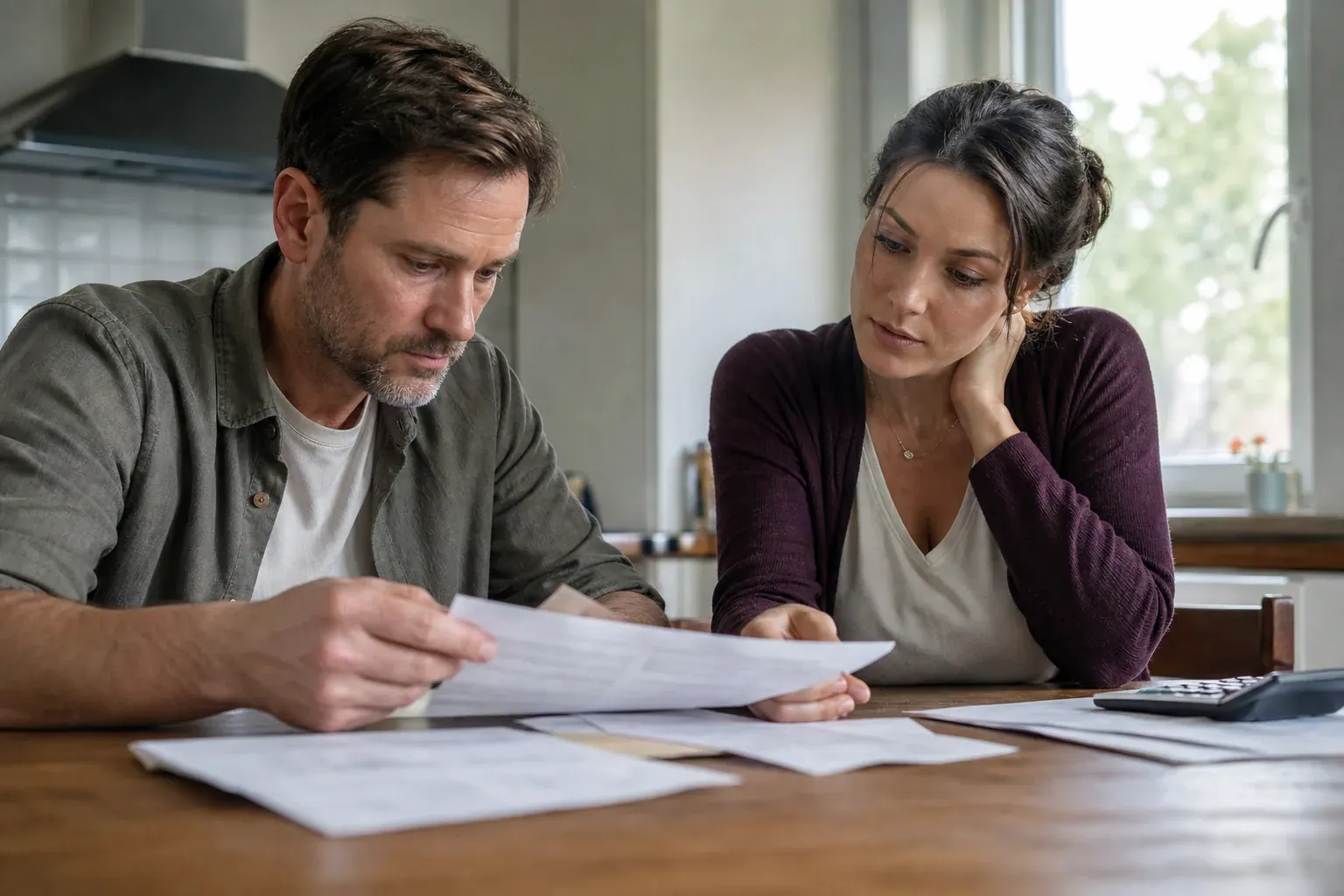 Deux parents séparés consultant ensemble les documents liés aux allocations familiales de leurs enfants, ambiance calme, lumière naturelle.
