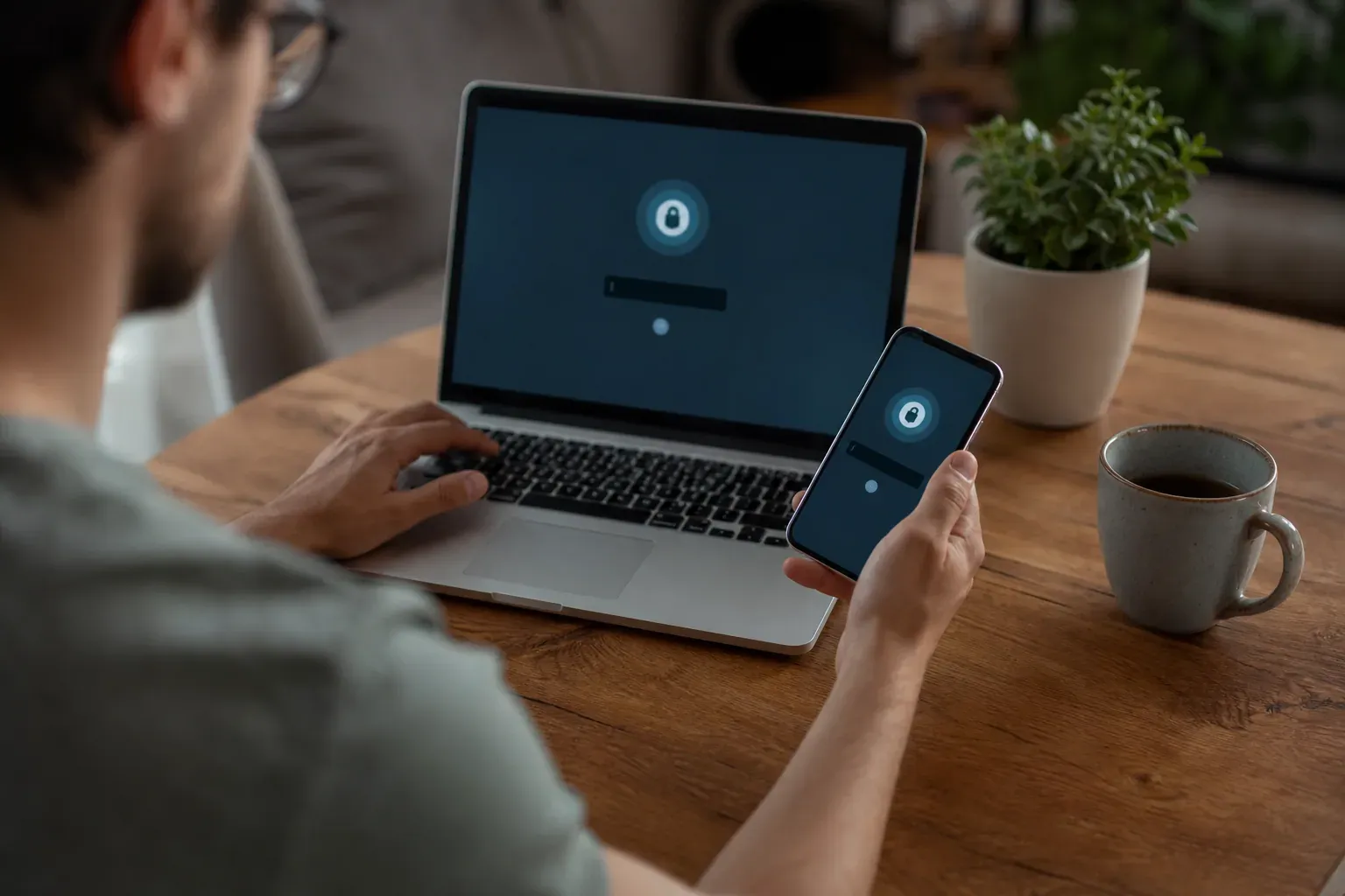 Personne configurant un gestionnaire de mots de passe sur son ordinateur portable et son smartphone, bureau à domicile, lumière naturelle.