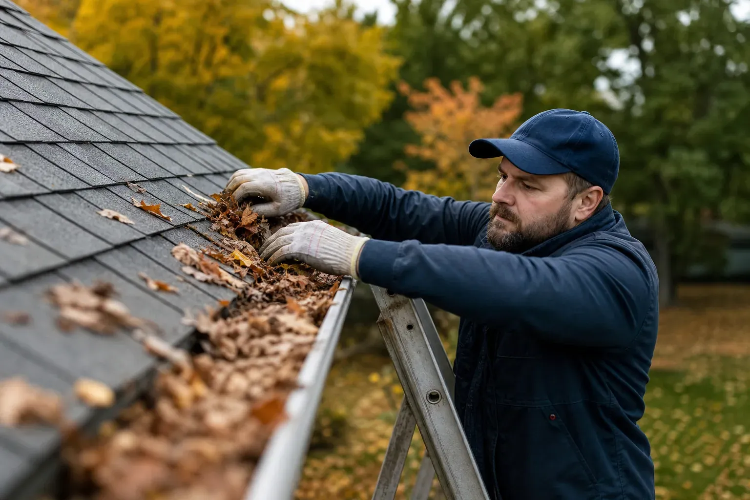 Artisan sur une échelle nettoyant des feuilles mortes accumulées dans une gouttière de toit, journée d'automne, lumière naturelle.