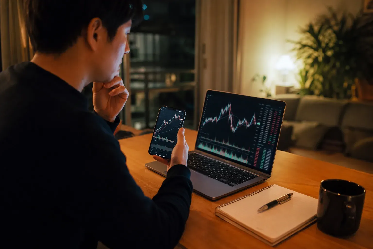 Photo réaliste d’une personne débutante consultant des graphiques de cryptomonnaies sur un ordinateur portable et un smartphone, installée à un bureau chez elle.