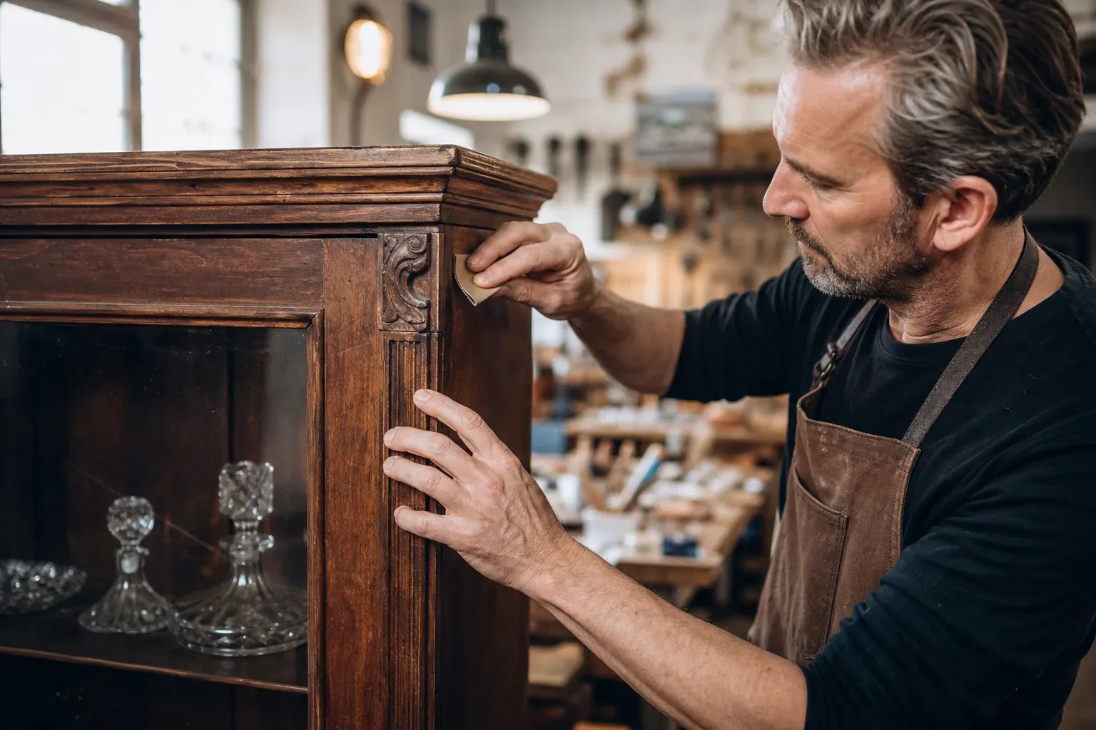 Un artisan restaure un meuble ancien en bois dans un atelier lumineux, avec des outils de finition et la texture du bois bien visible.