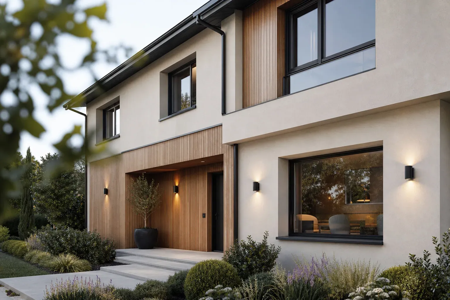 Façade de maison rénovée avec bardage bois, enduit clair, appliques noires et végétation soignée, vue extérieure réaliste