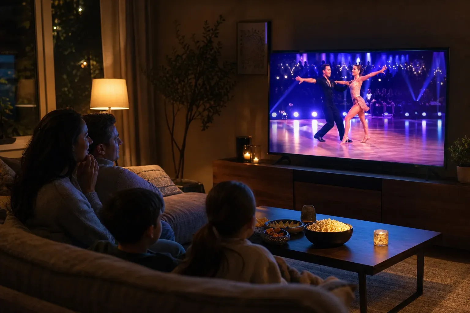 Un salon chaleureux avec des spectateurs devant la télévision, regardant une émission de danse en direct en soirée.