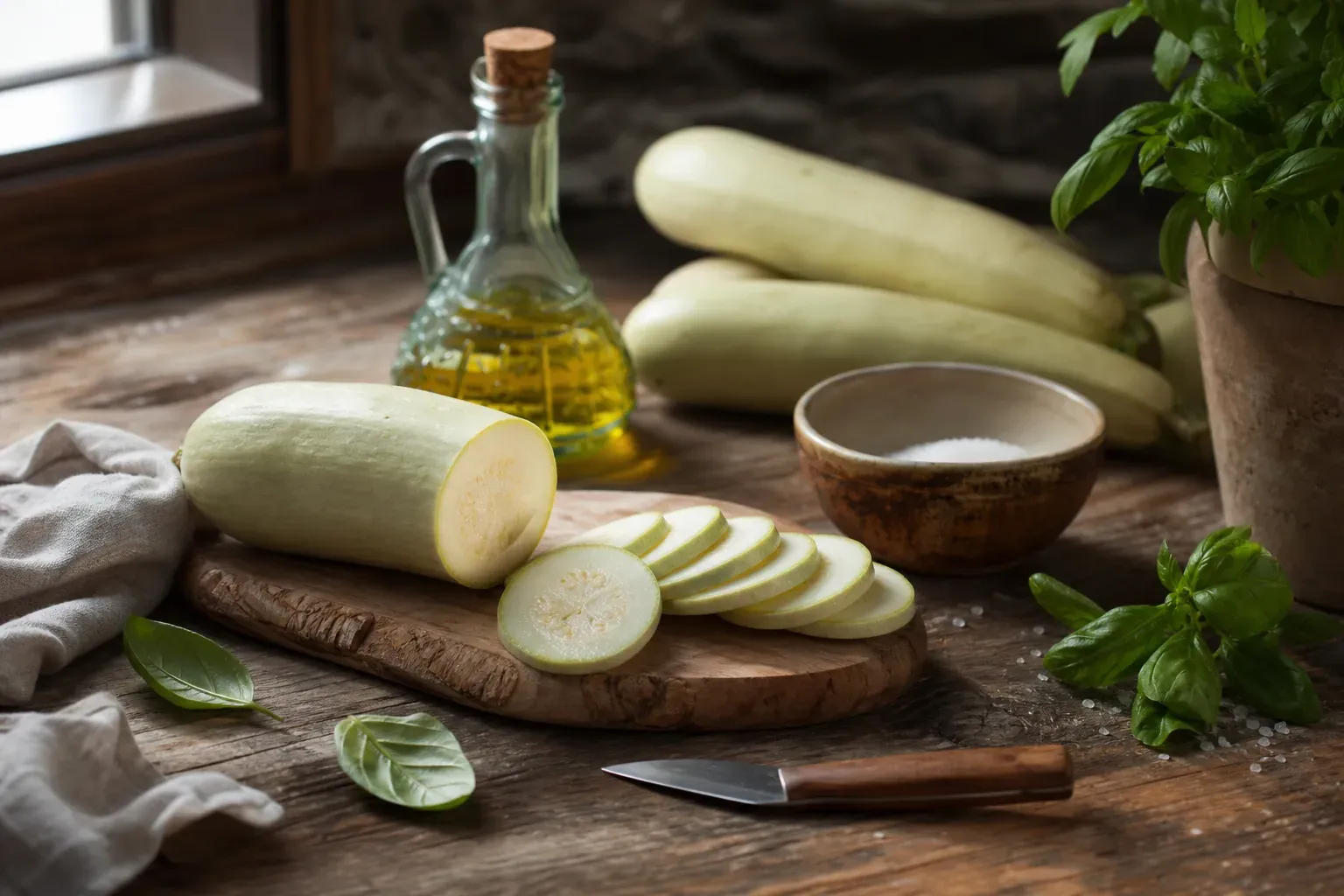Photo réaliste de courgettes blanches fraîches sur une table de cuisine, avec des rondelles coupées, de l’huile d’olive et des herbes.